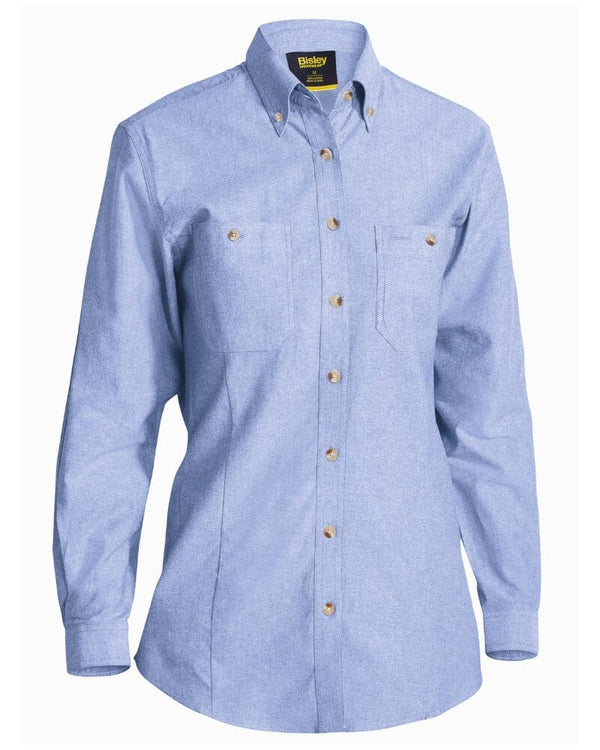 Womens Chambray Long Sleeve Slim Fit Shirt - Blue