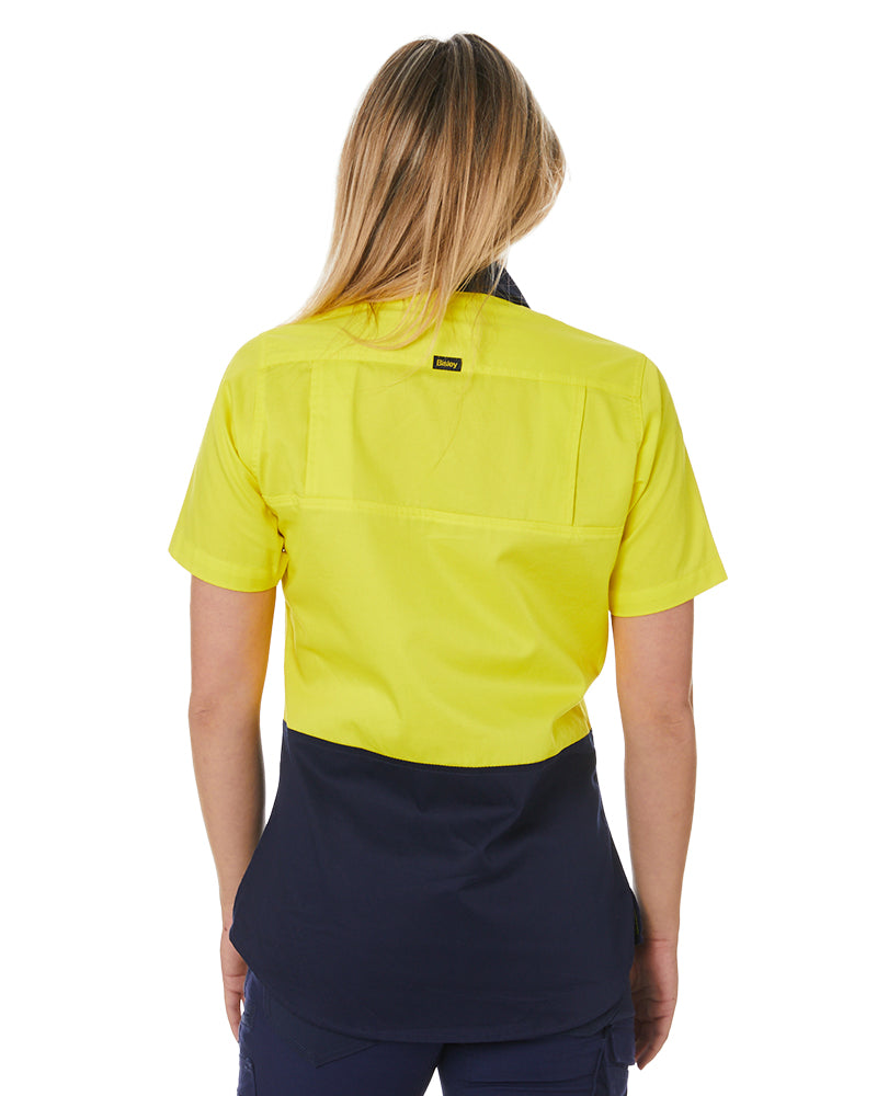 Womens Hi Vis Cool Lightweight SS Drill Shirt - Yellow/Navy