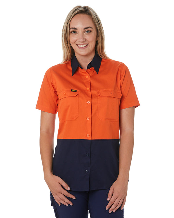Womens Hi Vis Cool Lightweight SS Drill Shirt - Orange/Navy