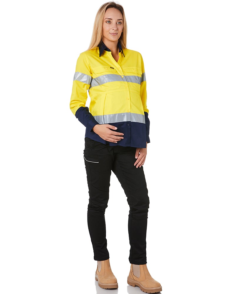 Womens 3M Taped Hi Vis Maternity Drill Shirt * - Yellow/Navy