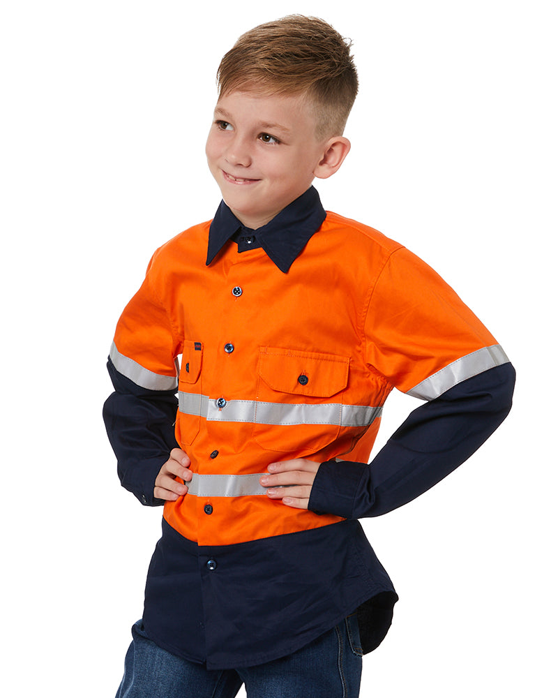 Hi Vis 2 Tone Open Front Kids Shirt - Orange/Navy
