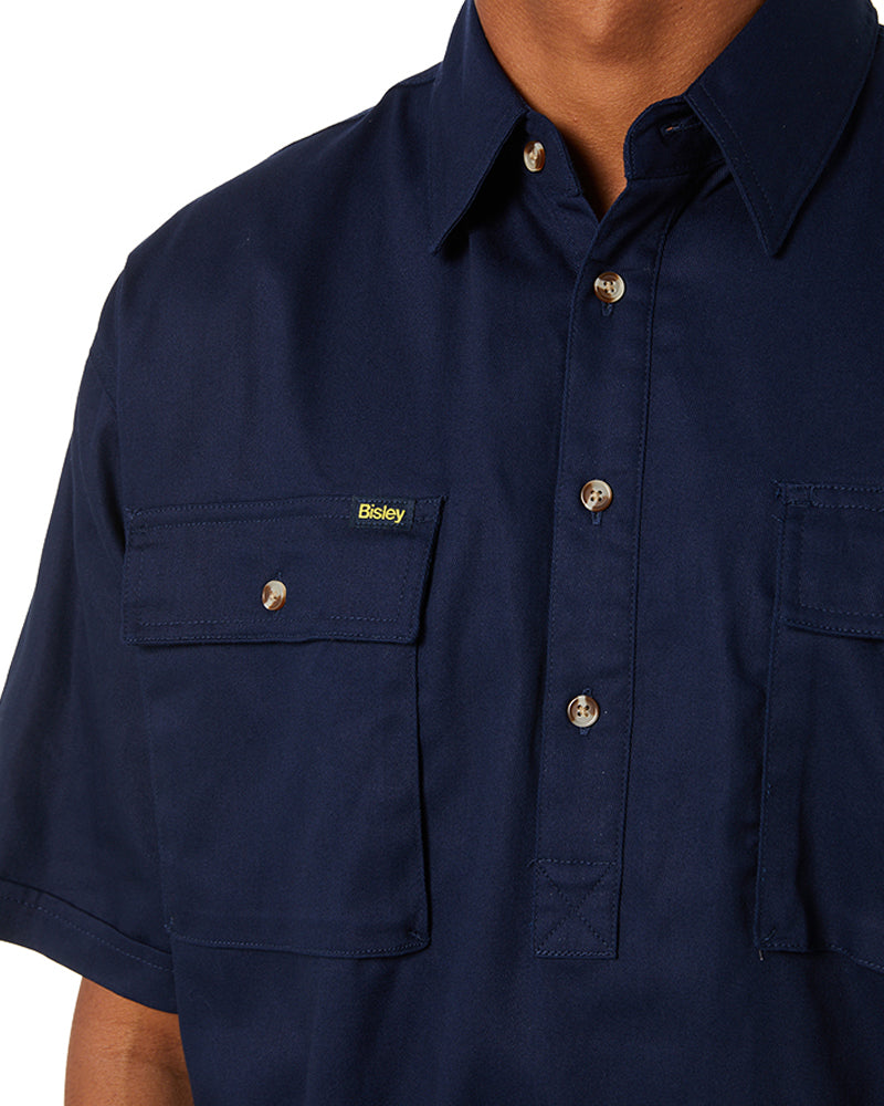 Closed Front Mens Cotton Drill SS Shirt - Navy