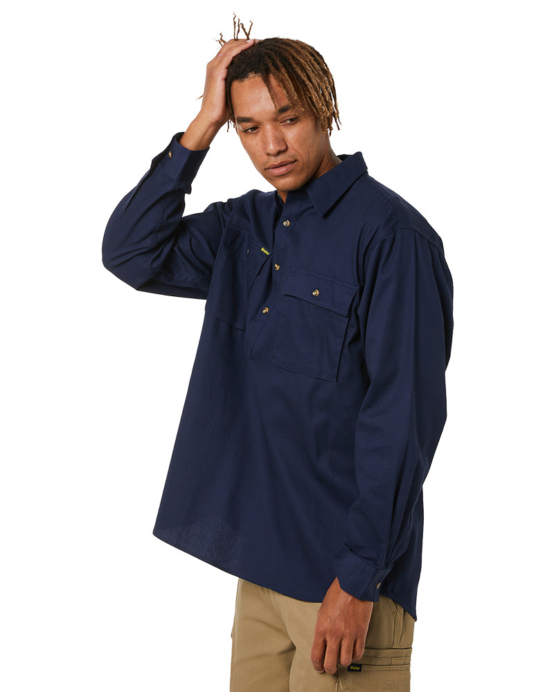 Closed Front Mens Cotton Drill LS Shirt - Navy