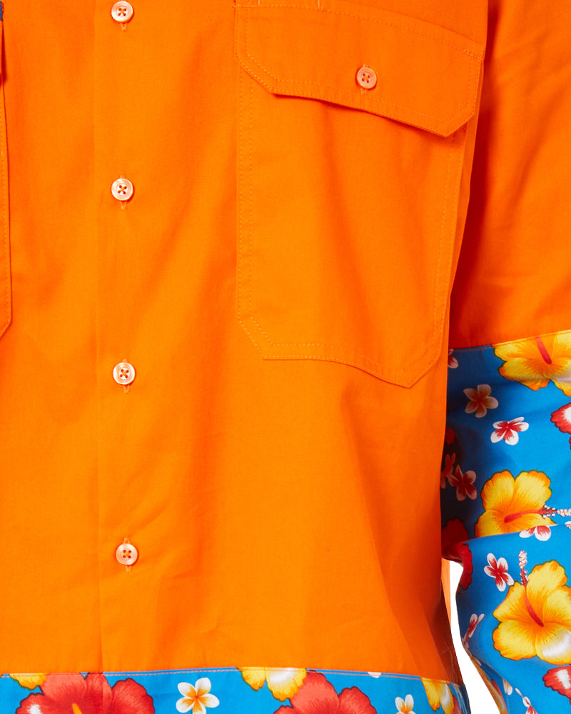 Light Weight Open Front LS Vented Two Tone Shirt - Orange/Hibiscus