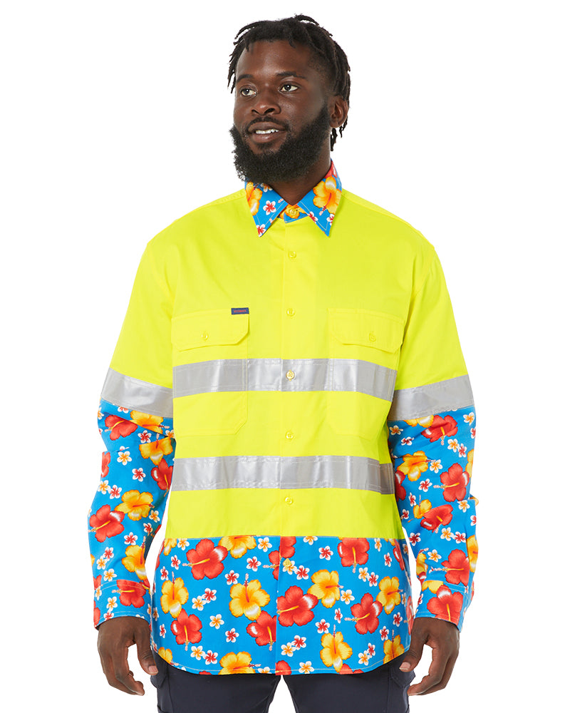 Light Weight Open Front LS Vented Two Tone Taped Shirt - Yellow/Hibiscus