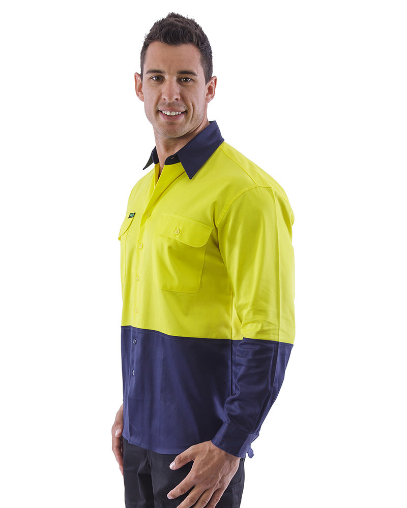 Hi Vis Cotton Drill Shirt LS (3 Pack) - Yellow/Navy