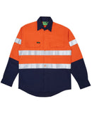 Hi Vis Long Sleeve Taped Cotton Drill Shirt - Orange/Navy