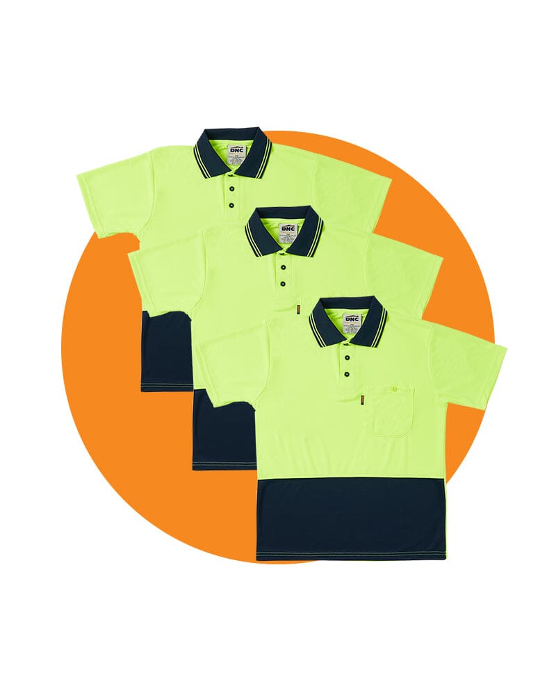 DNC Tradies Hi Vis Cool Breathe Polo Shirt Value Pack - Yellow/Navy ...