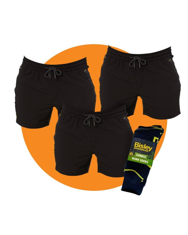 Tradies Flex And Move 4-Way Stretch Elastic Short Value Pack - Black