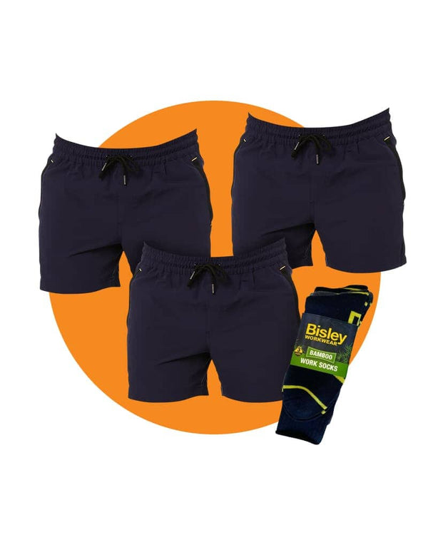 Tradies Flex And Move 4-Way Stretch Elastic Short Value Pack - Navy