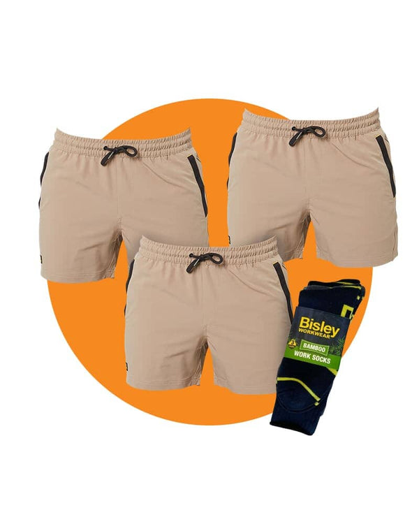 Tradies Flex And Move 4-Way Stretch Elastic Short Value Pack - Stone