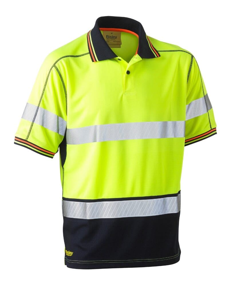 Bisley Taped Hi Vis Polyester Mesh Short Sleeve Polo - Yellow/Navy ...