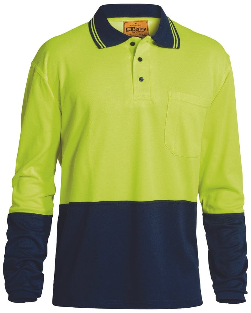 Bisley Hi Vis Long Sleeve Polo Shirt - Yellow/Navy | Buy Online