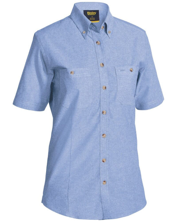 Womens Chambray Short Sleeve Slim Fit Shirt - Blue