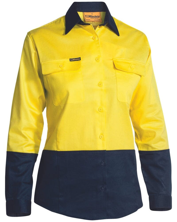 Womens Hi Vis Long Sleeve Drill Shirt - Yellow/Navy