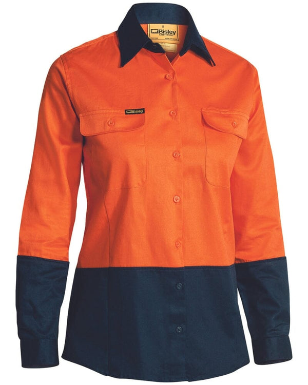 Womens Hi Vis Long Sleeve Drill Shirt - Orange/Navy