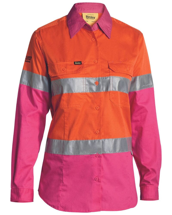 Womens Taped Hi Vis Cool Lightweight LS Drill Shirt - Orange/Pink