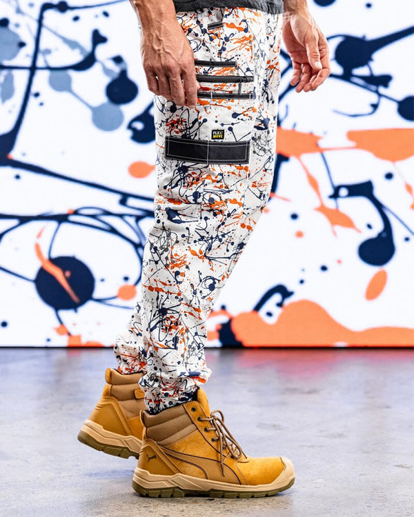 Flex and Move Stretch Cargo Cuffed Pants - Orange Paint Splatter