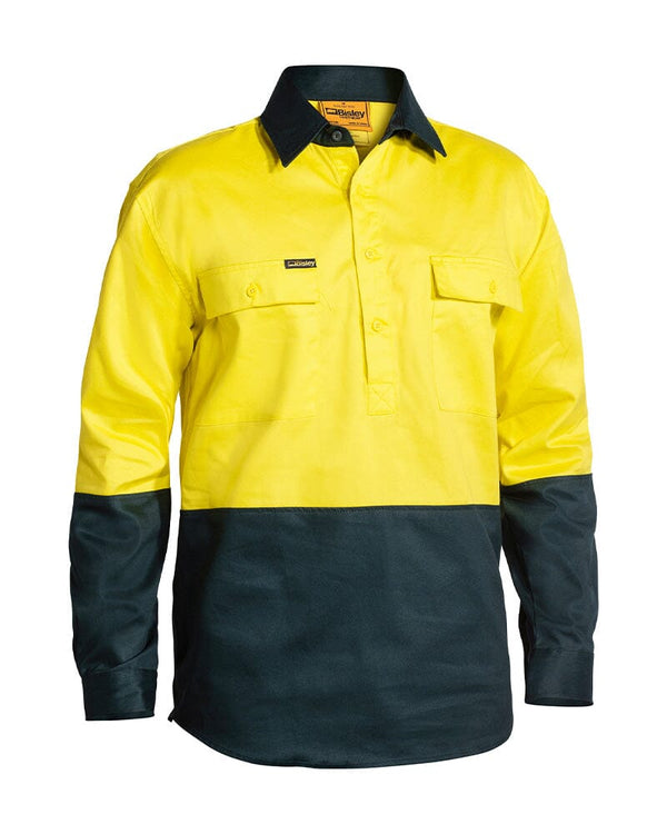 Hi Vis Closed Front LS Shirt - Yellow/Bottle