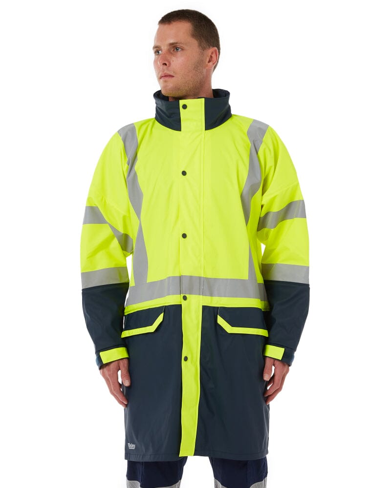 Taped Hi Vis Stretch PU Rain Coat - Yellow/Navy