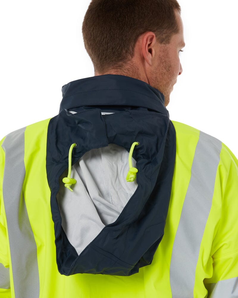 Taped Hi Vis Stretch PU Rain Coat - Yellow/Navy