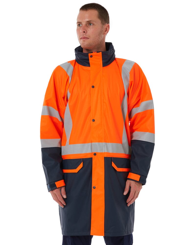 Taped Hi Vis Stretch PU Rain Coat - Orange/Navy