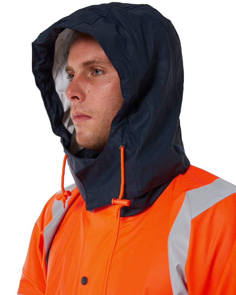 Taped Hi Vis Stretch PU Rain Coat - Orange/Navy