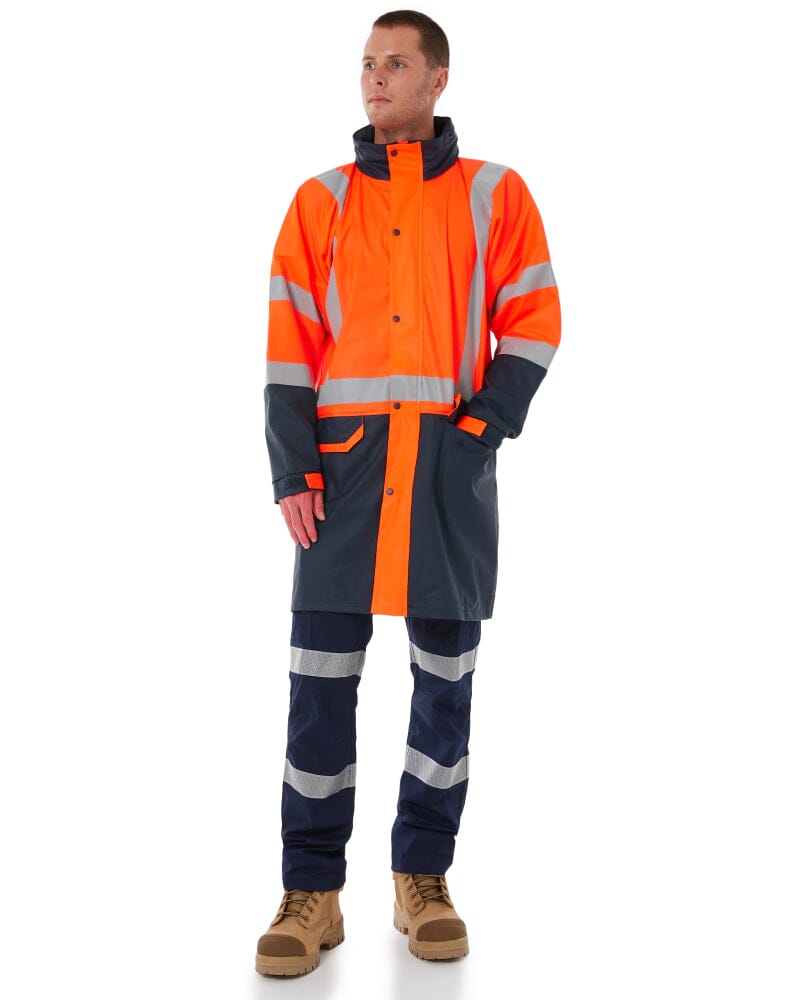 Taped Hi Vis Stretch PU Rain Coat - Orange/Navy