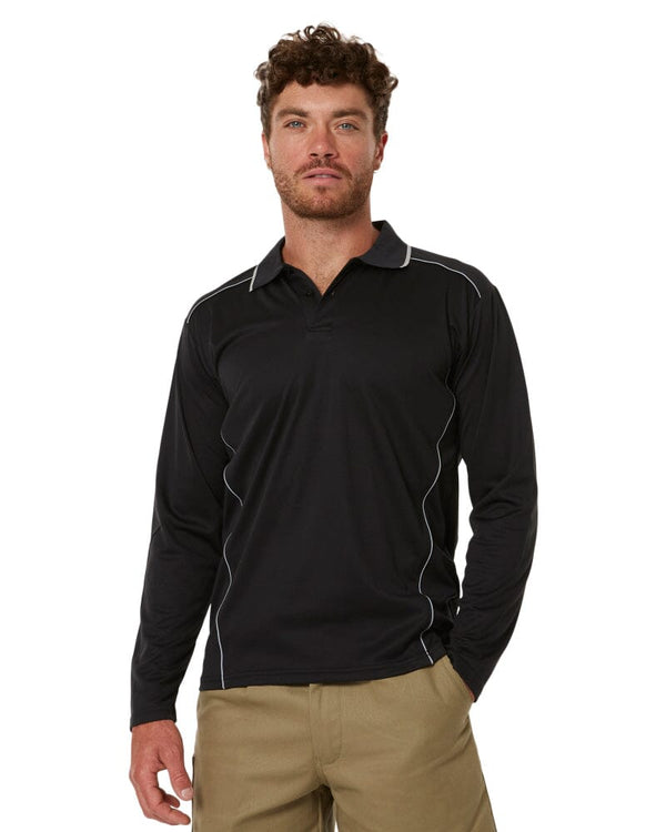 Cool Mesh LS Polo Shirt With Reflective Piping - Black