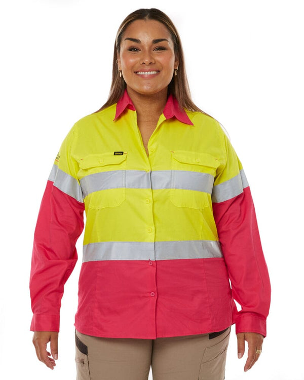 Womens Taped Hi Vis Cool Lightweight LS Drill Shirt - Yellow/Pink