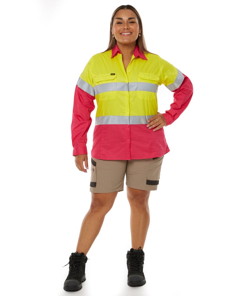 Womens Taped Hi Vis Cool Lightweight LS Drill Shirt - Yellow/Pink