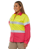 Womens Taped Hi Vis Cool Lightweight LS Drill Shirt - Yellow/Pink