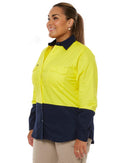 Womens Hi Vis Cool Lightweight LS Drill Shirt - Yellow/Navy