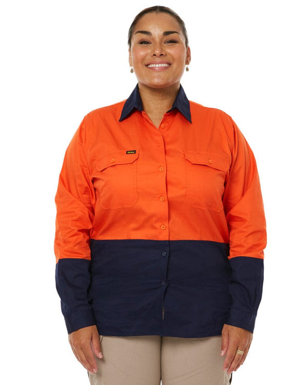 Womens Hi Vis Cool Lightweight LS Drill Shirt - Orange/Navy