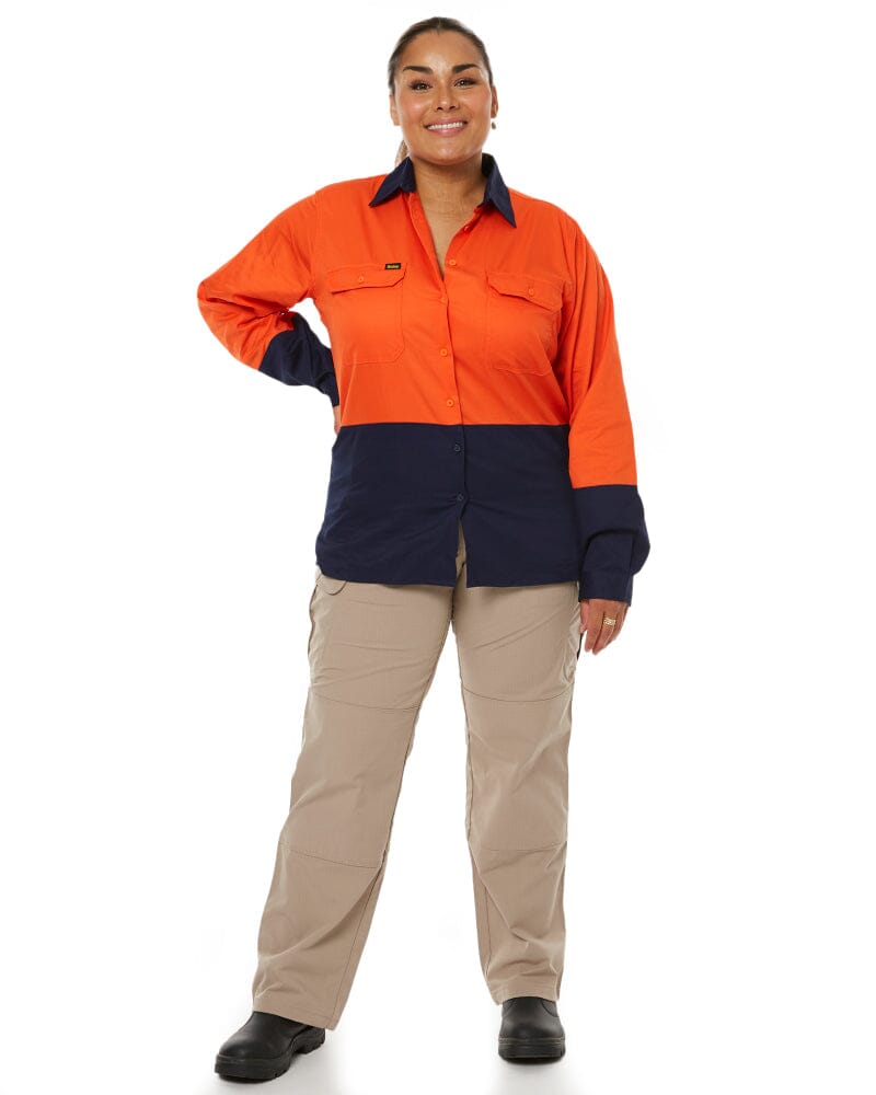 Womens Hi Vis Cool Lightweight LS Drill Shirt - Orange/Navy