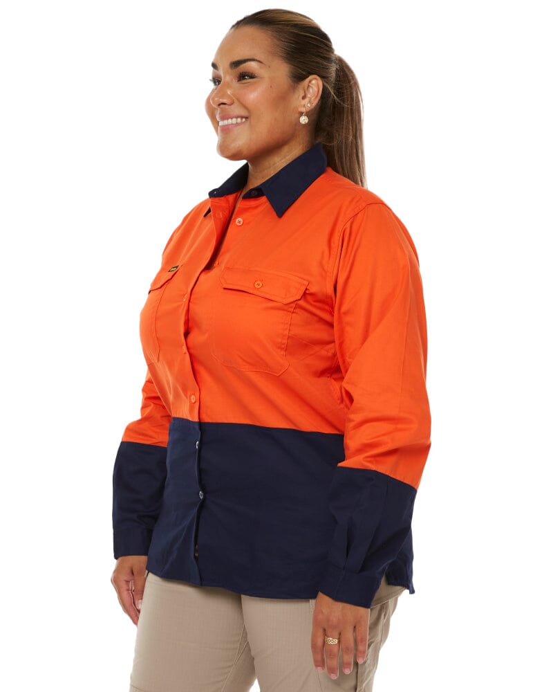 Womens Hi Vis Cool Lightweight LS Drill Shirt - Orange/Navy