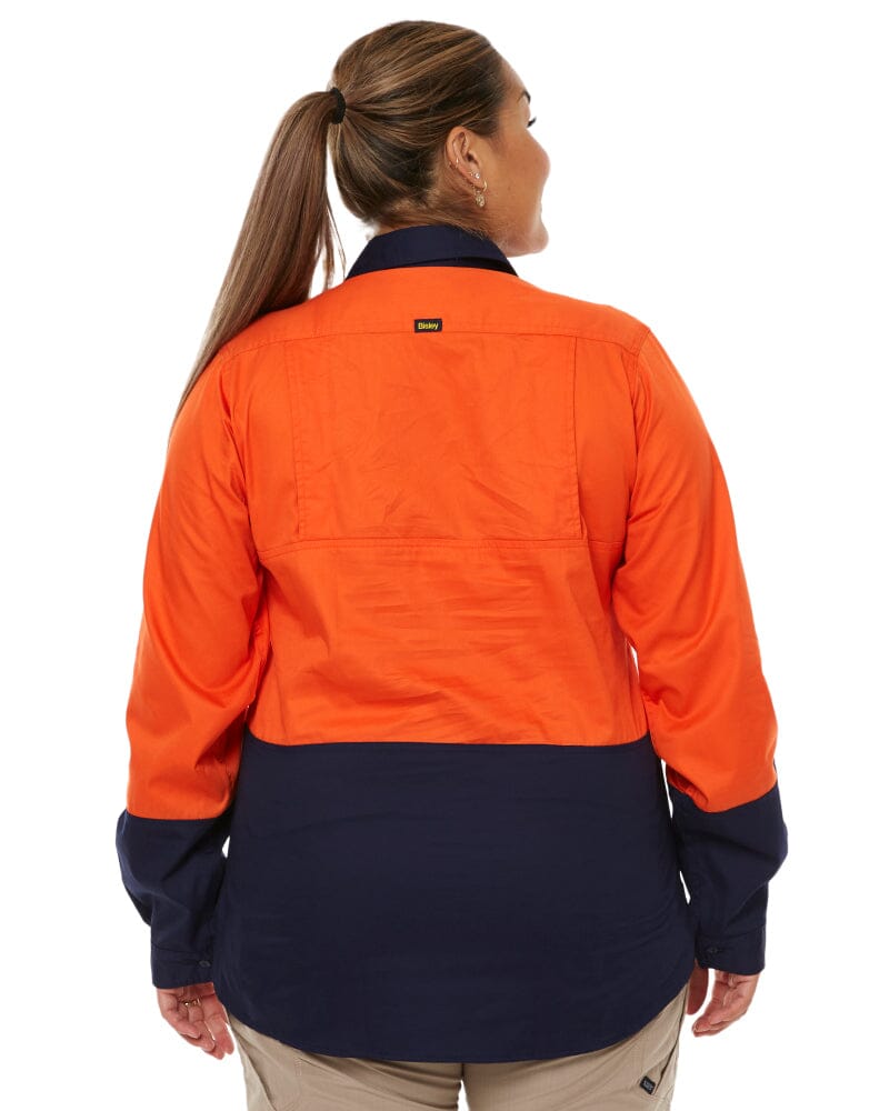 Womens Hi Vis Cool Lightweight LS Drill Shirt - Orange/Navy