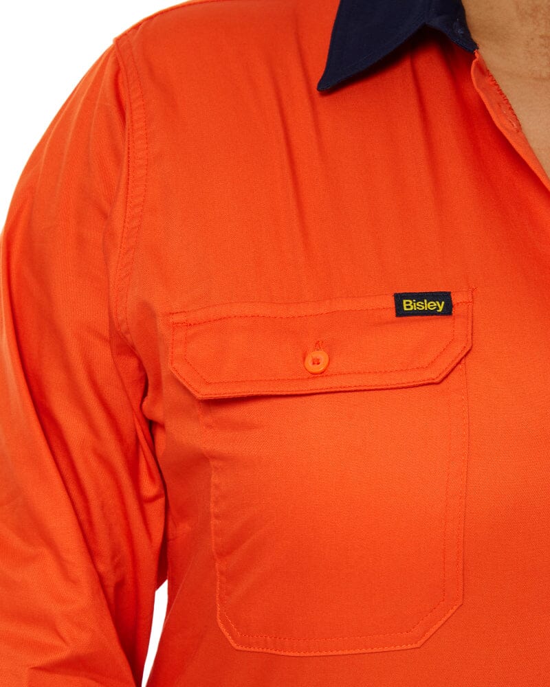 Womens Hi Vis Cool Lightweight LS Drill Shirt - Orange/Navy