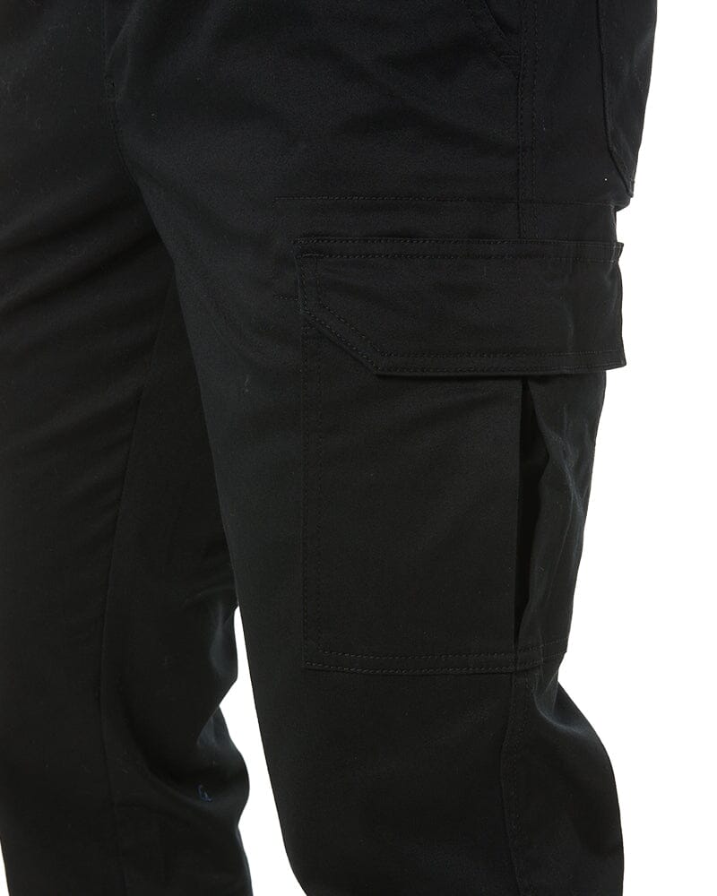 Stretch Cotton Drill Elastic Waist Cargo Pant - Black