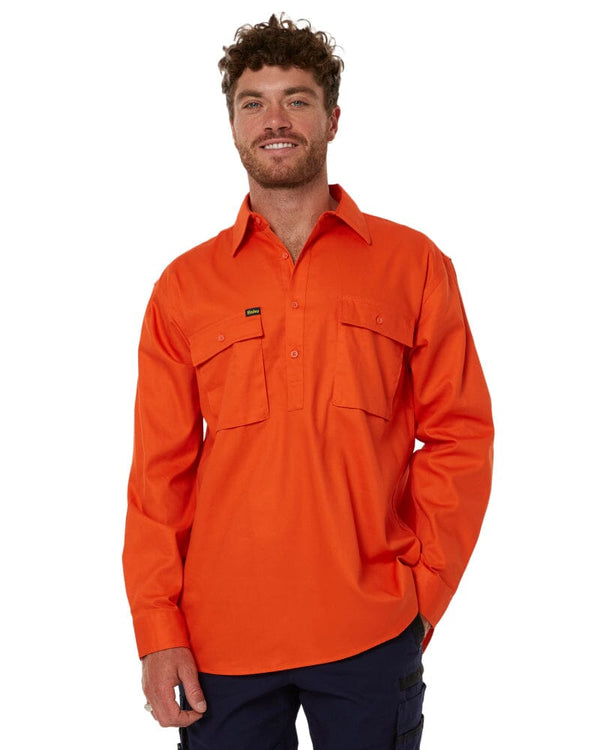 Closed Front Mens Cotton Drill LS Shirt - Orange