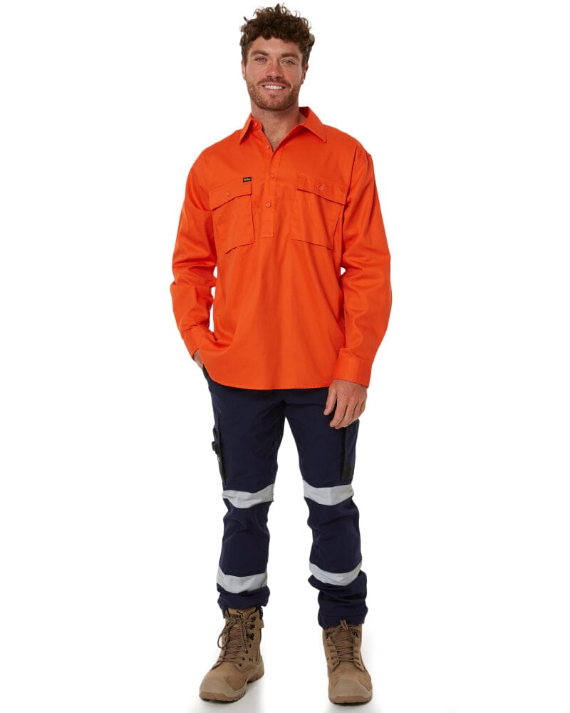 Closed Front Mens Cotton Drill LS Shirt - Orange