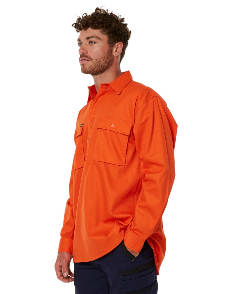 Closed Front Mens Cotton Drill LS Shirt - Orange