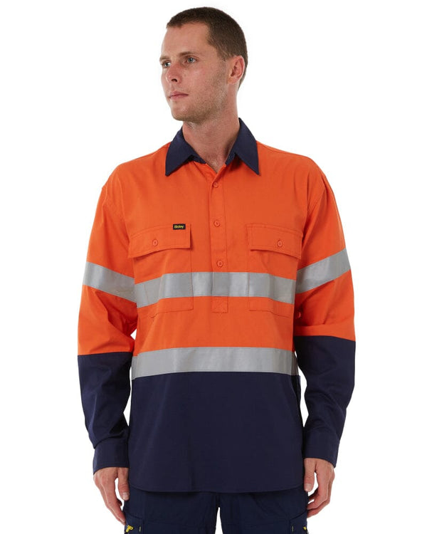 Taped Hi Vis Closed Front LS Drill Shirt * - Orange/Navy