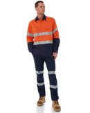 Taped Hi Vis Closed Front LS Drill Shirt * - Orange/Navy