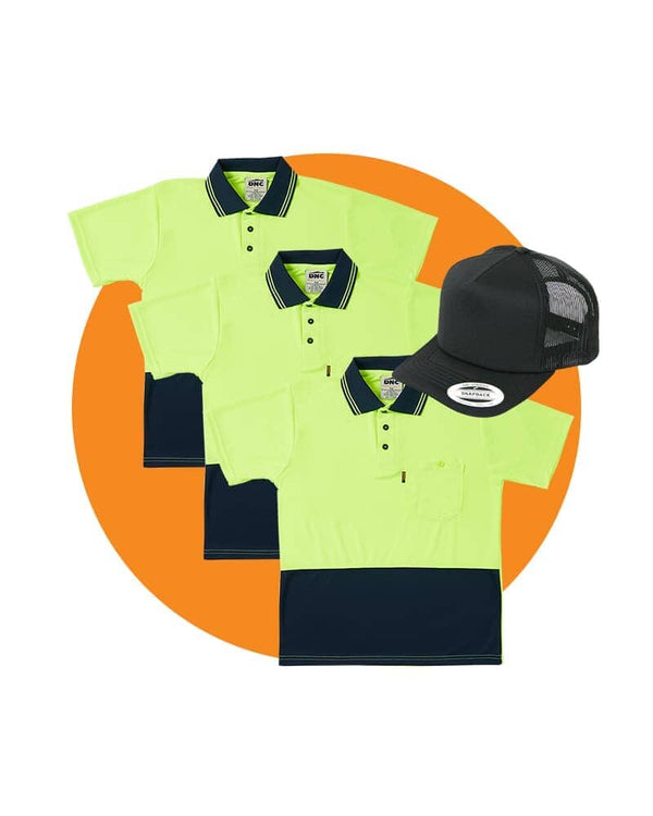 Tradies Hi Vis Cool Breathe Polo Shirt Value Pack - Yellow/Navy
