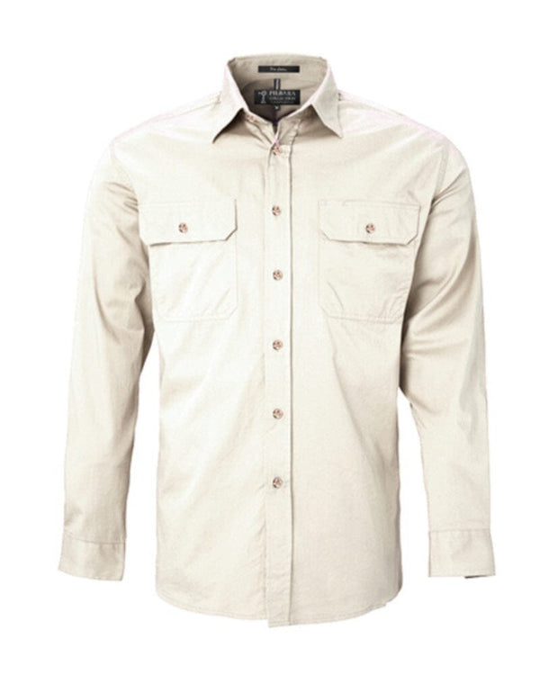 Open Front Cotton Twill LS Shirt - Stone
