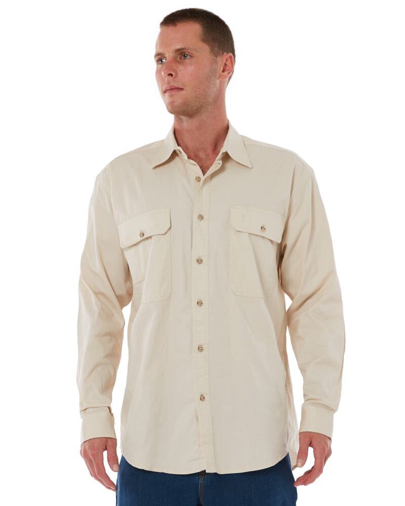 Open Front Cotton Twill LS Shirt - Stone