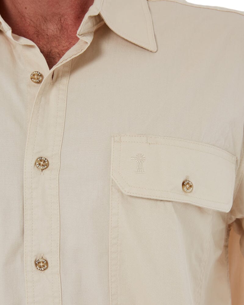 Open Front Cotton Twill LS Shirt - Stone