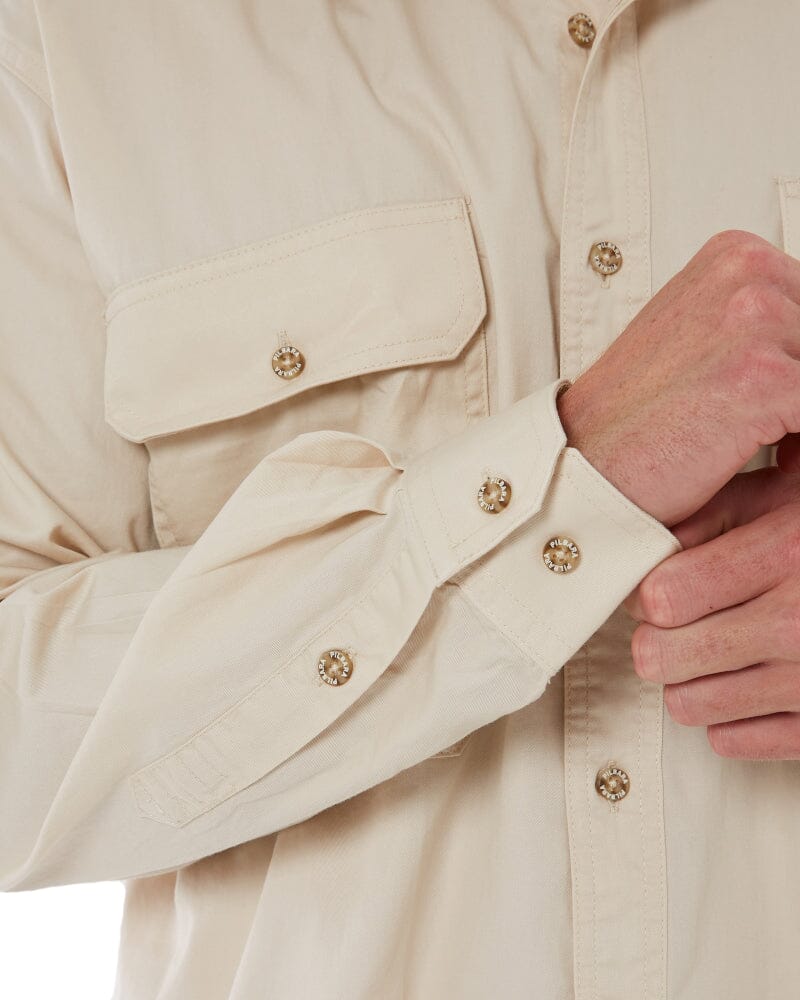 Open Front Cotton Twill LS Shirt - Stone