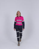Hi Vis Taped Cotton Drill Shirt LS - Pink/Navy